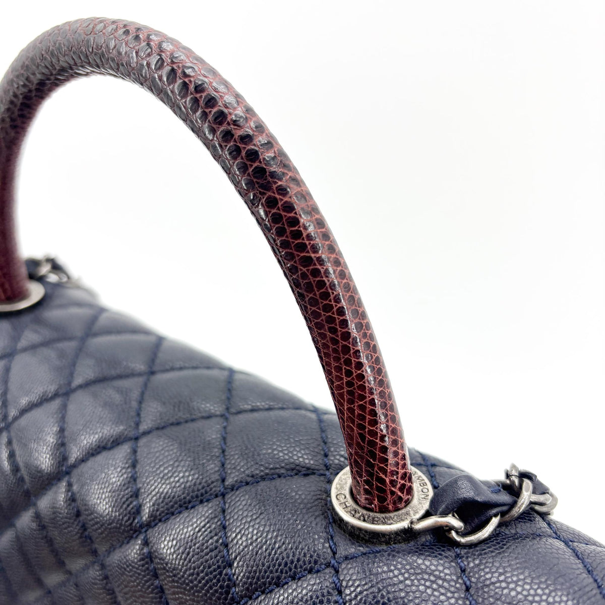 Chanel Coco Handle Moyen Marine Caviar Poignée Lézard Métal Argenté