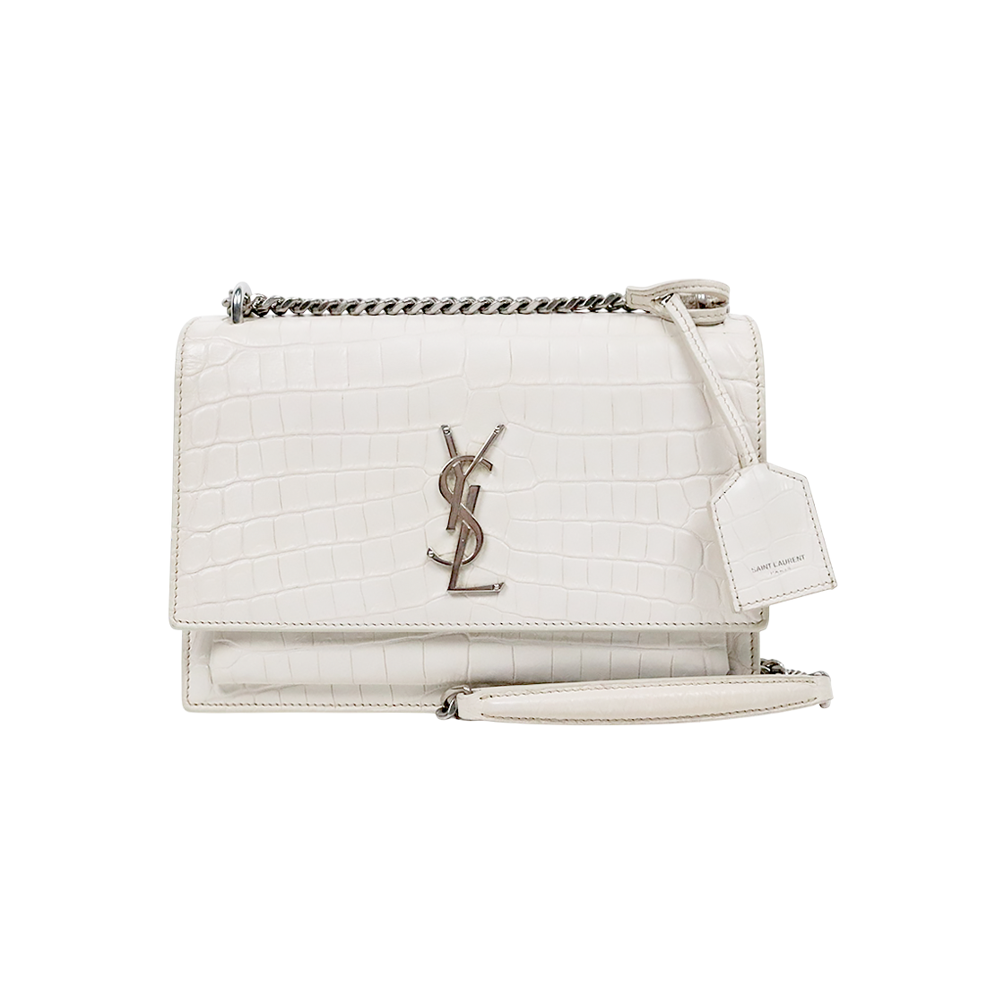Saint Laurent White Crocodile-Embossed Sunset Shoulder Bag