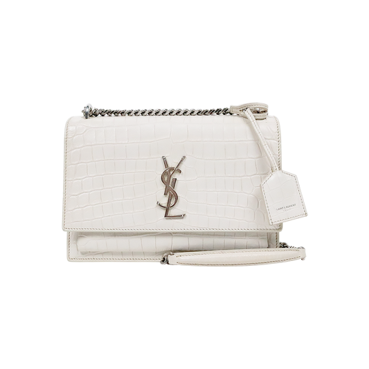Saint Laurent White Crocodile-Embossed Sunset Shoulder Bag