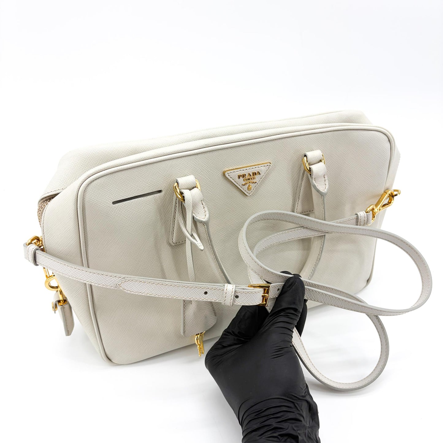 Prada Saffiano Luxe Top Handle Bag Talco White
