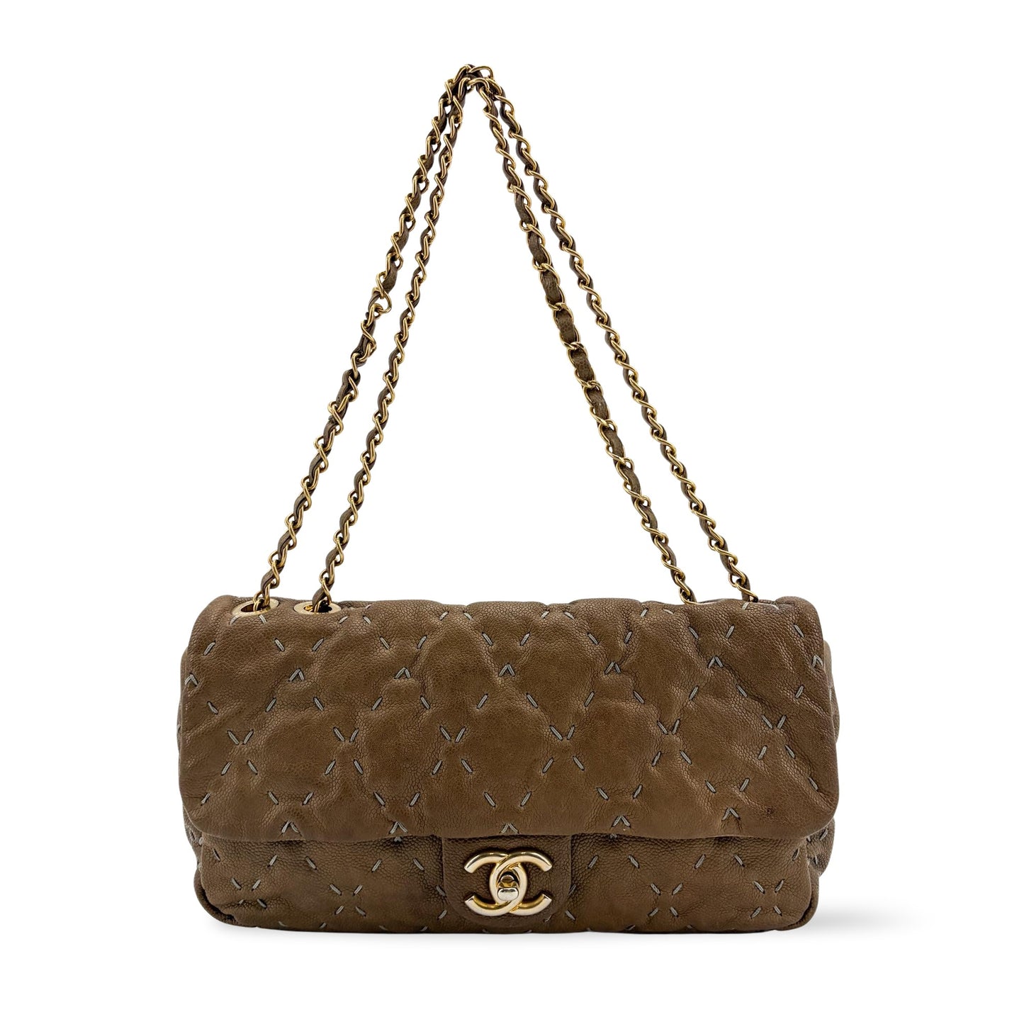 Chanel Stitch Detail Classic Flap Bag Medium Brown Gold Hardware