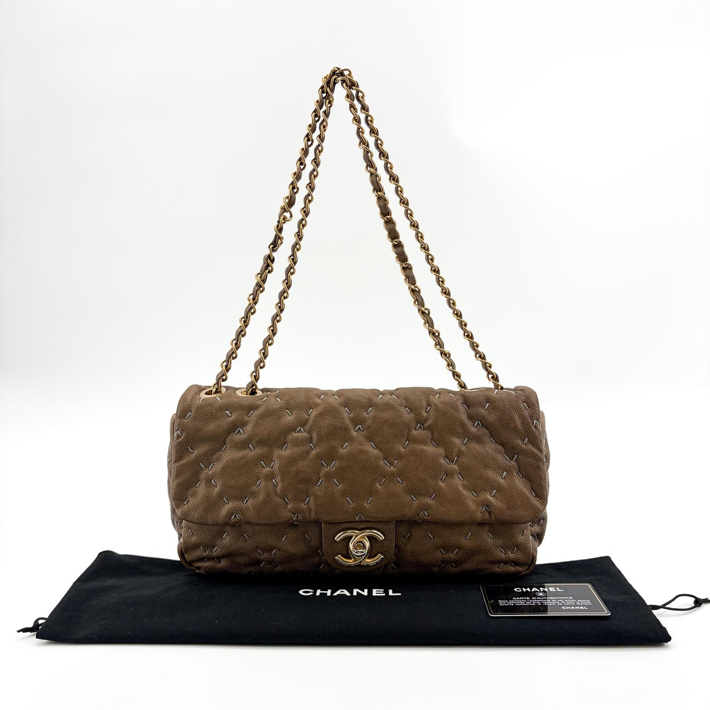Chanel Stitch Detail Classic Flap Bag Medium Brown Gold Hardware
