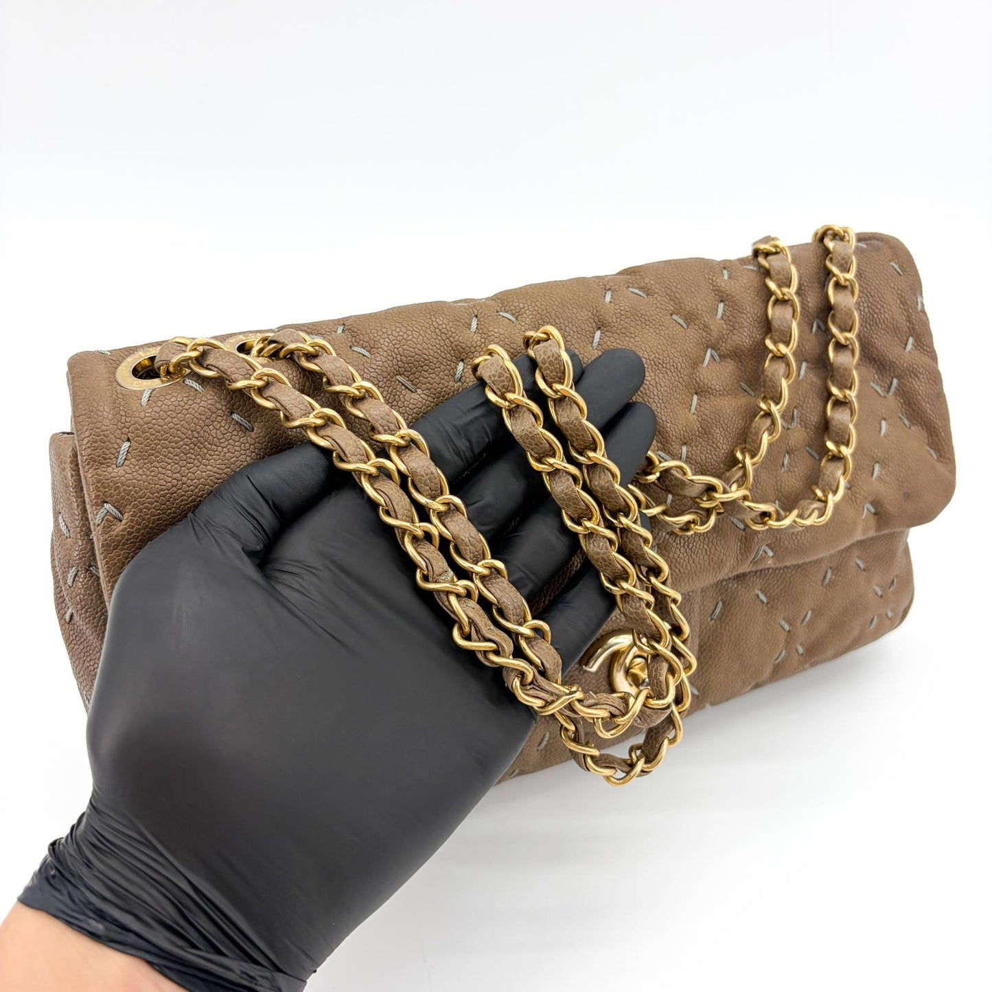 Chanel Stitch Detail Classic Flap Bag Medium Brown Gold Hardware