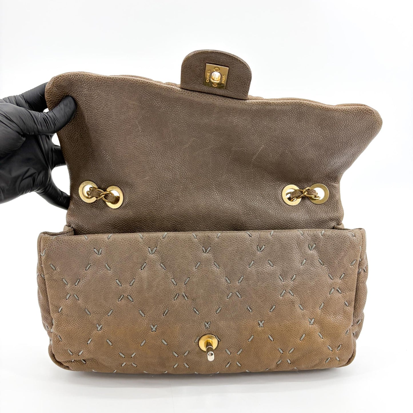Chanel Stitch Detail Classic Flap Bag Medium Brown Gold Hardware