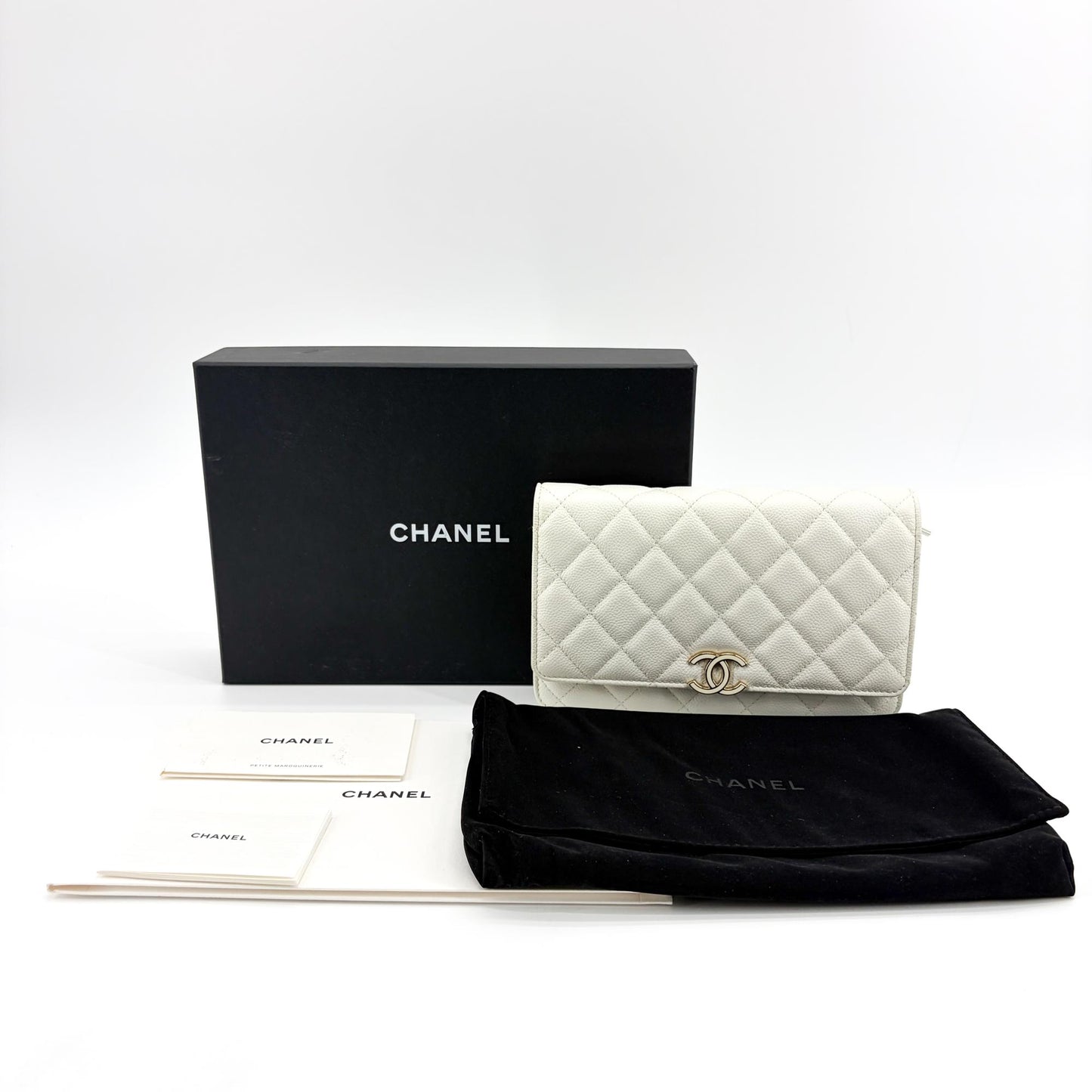 Chanel Classic Chain Wallet Caviar White Champagne Gold