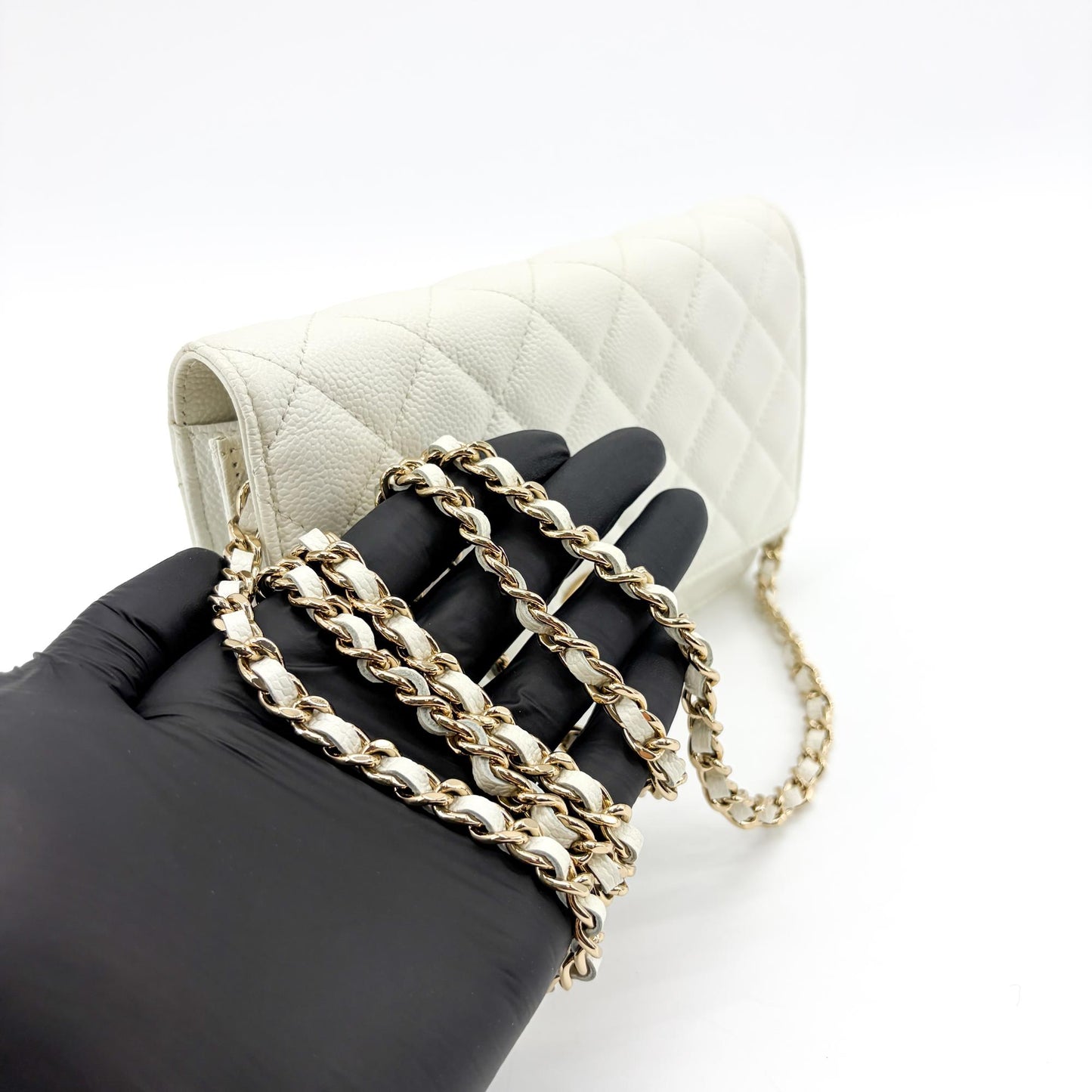 Chanel Classic Chain Wallet Caviar White Champagne Gold