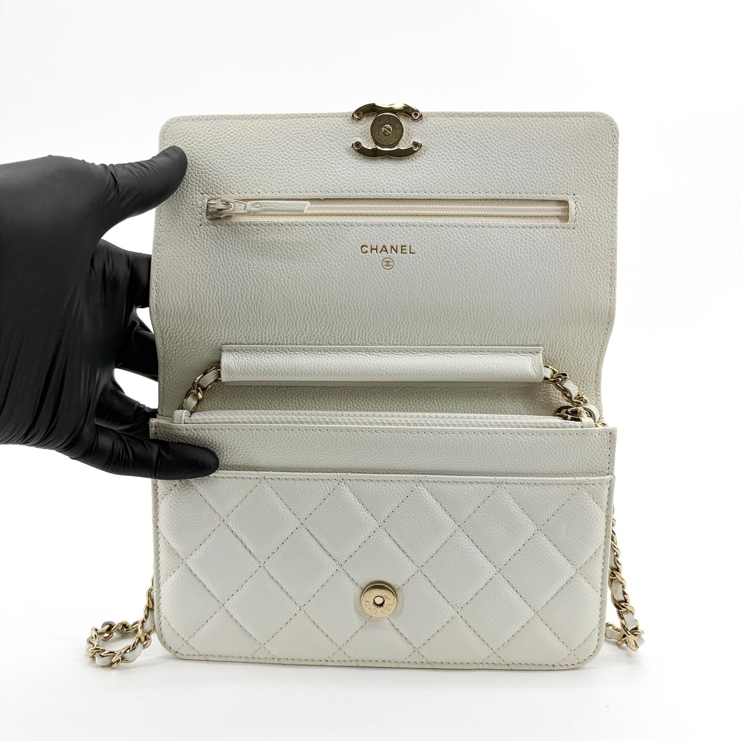 Chanel Classic Chain Wallet Caviar White Champagne Gold