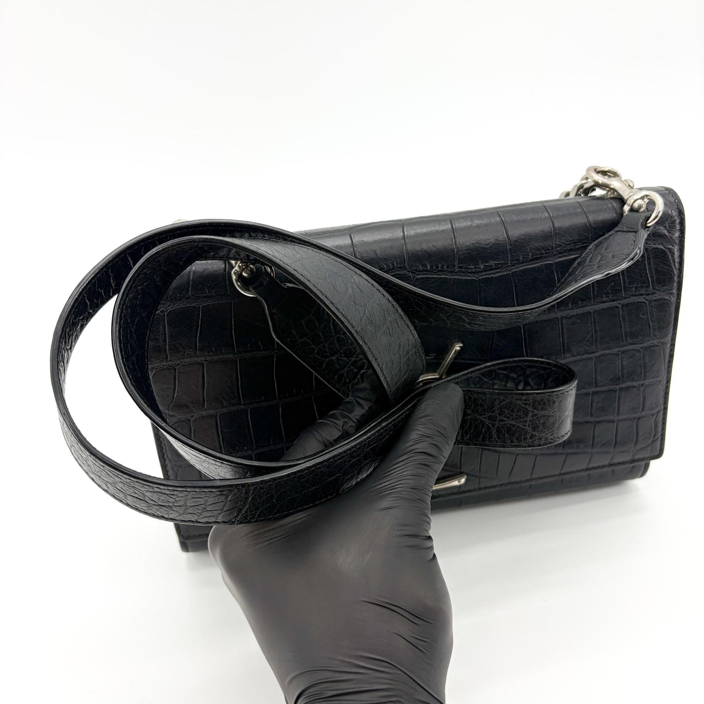Saint Laurent Kate Medium Croc Embossed Shoulder Bag Black Silver Hardware