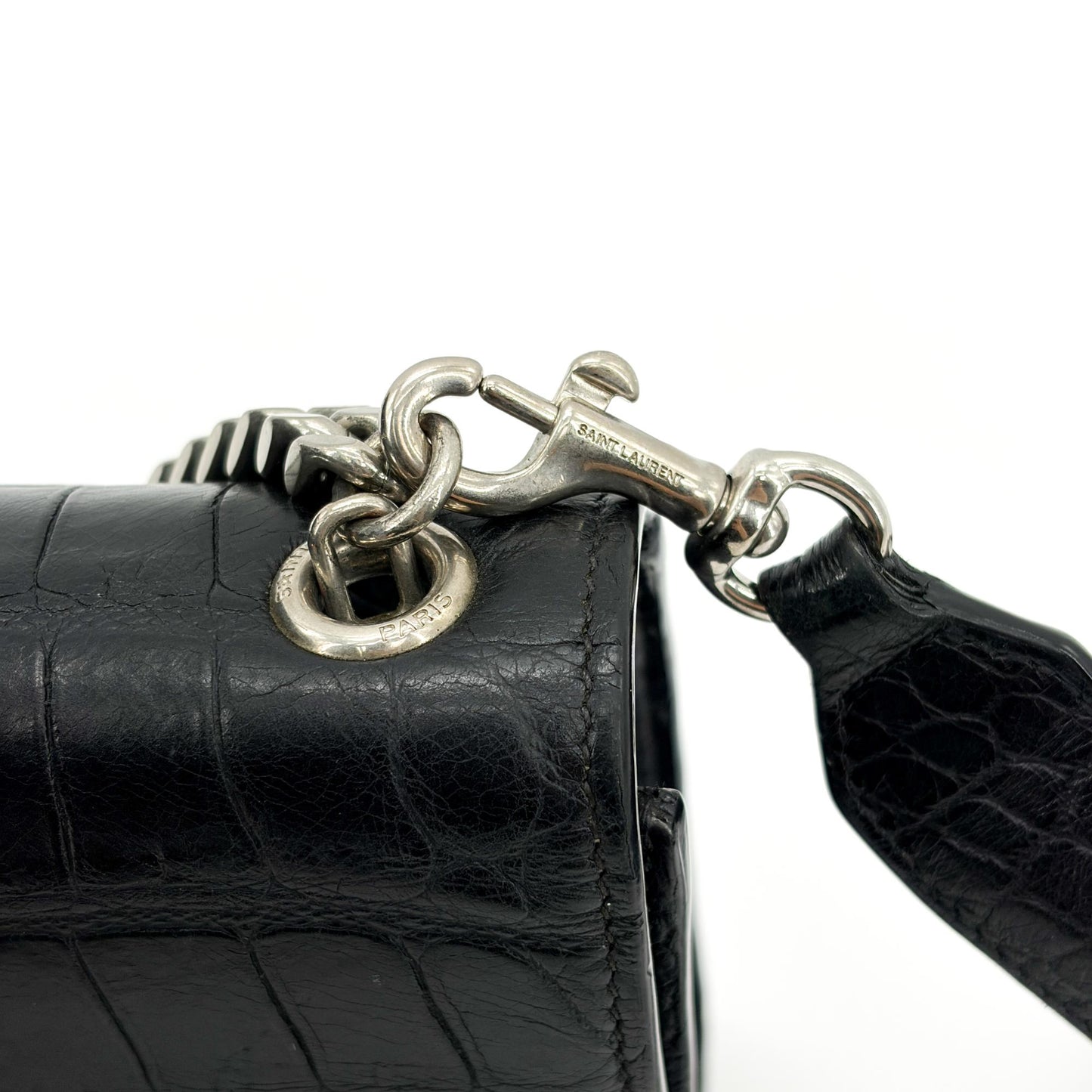 Saint Laurent Kate Medium Croc Embossed Shoulder Bag Black Silver Hardware