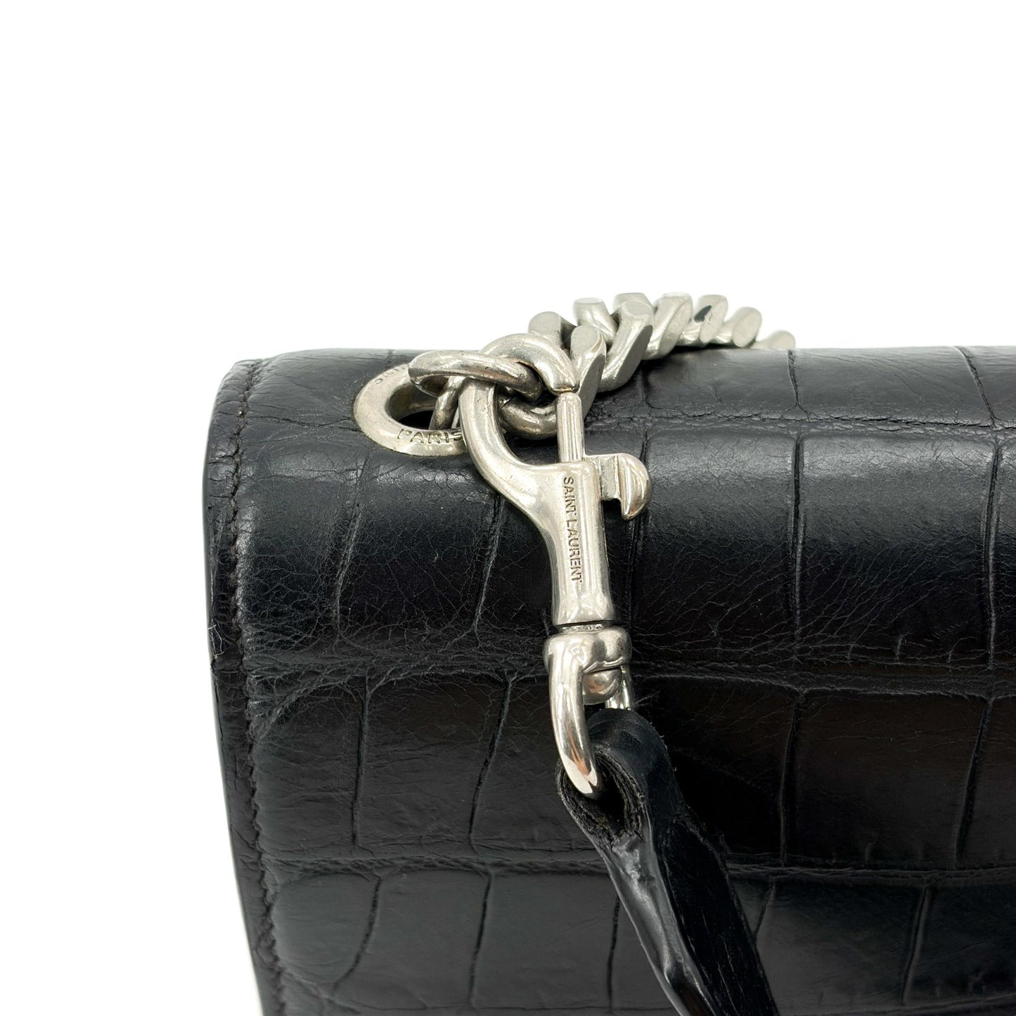 Saint Laurent Kate Medium Croc Embossed Shoulder Bag Black Silver Hardware