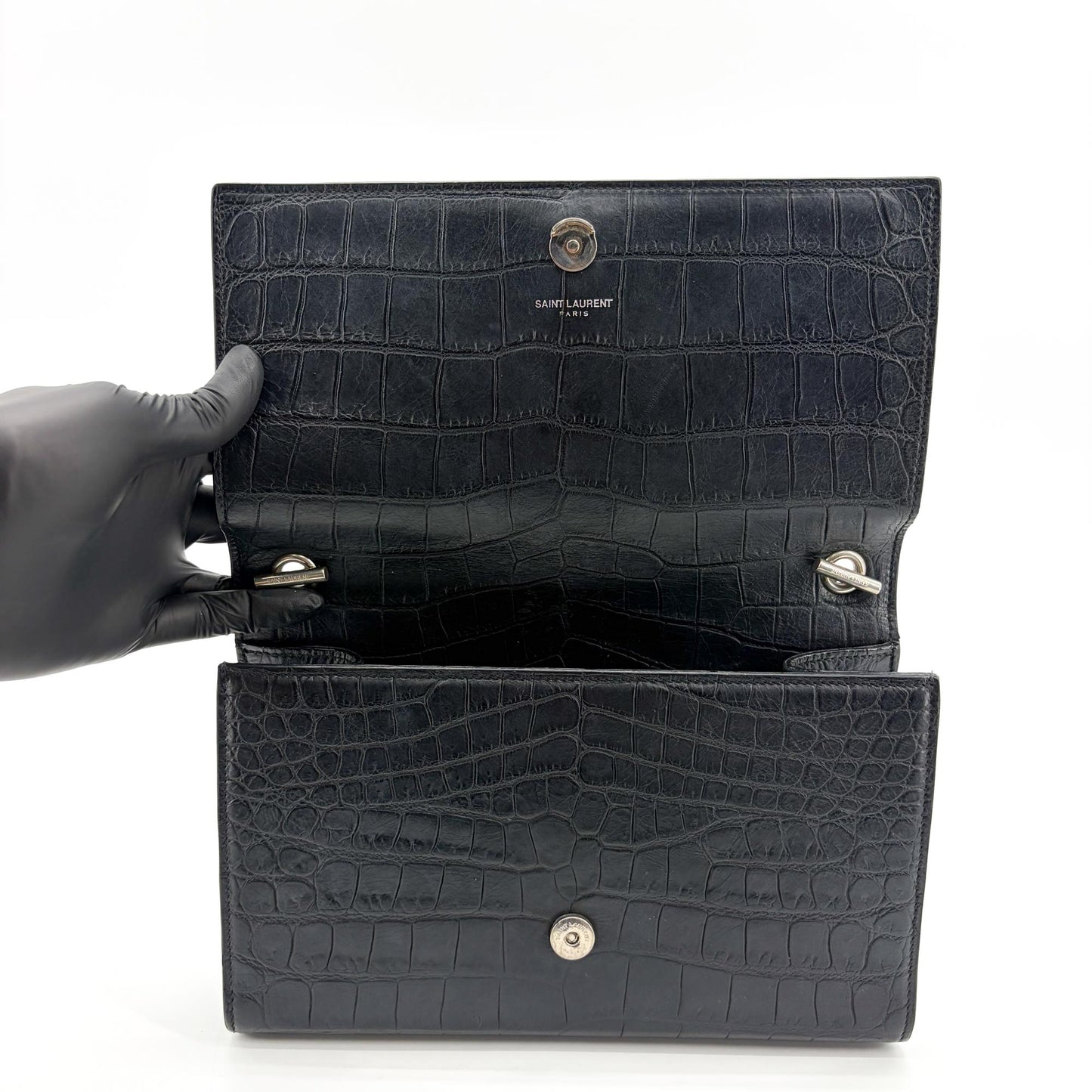 Saint Laurent Kate Medium Croc Embossed Shoulder Bag Black Silver Hardware