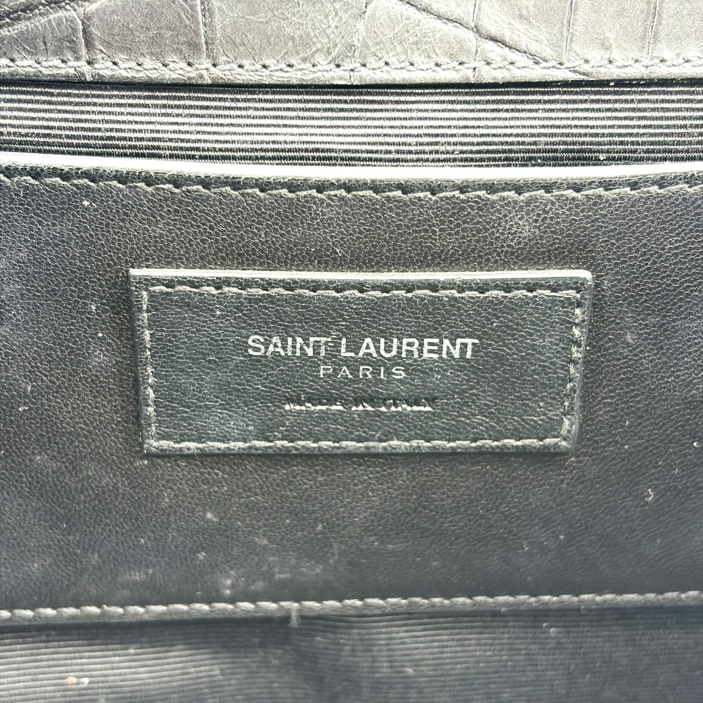 Saint Laurent Kate Medium Croc Embossed Shoulder Bag Black Silver Hardware
