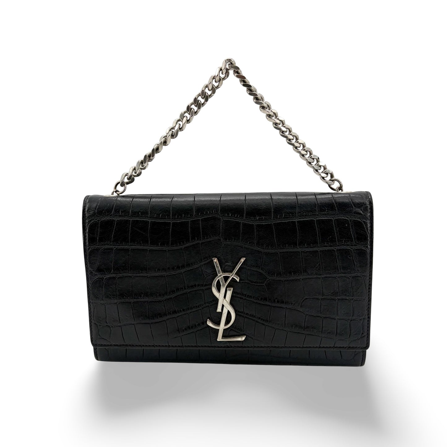 Saint Laurent Kate Medium Croc Embossed Shoulder Bag Black Silver Hardware