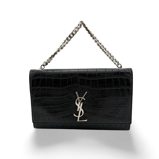 Saint Laurent Kate Medium Croc Embossed Shoulder Bag Black Silver Hardware