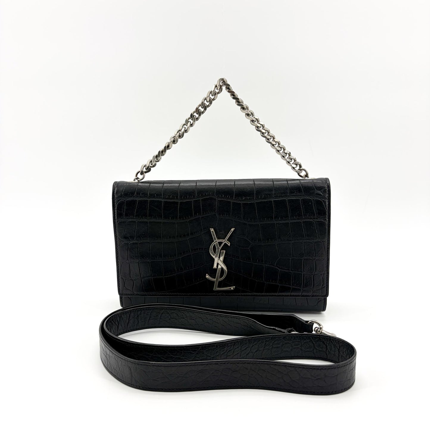 Saint Laurent Kate Medium Croc Embossed Shoulder Bag Black Silver Hardware