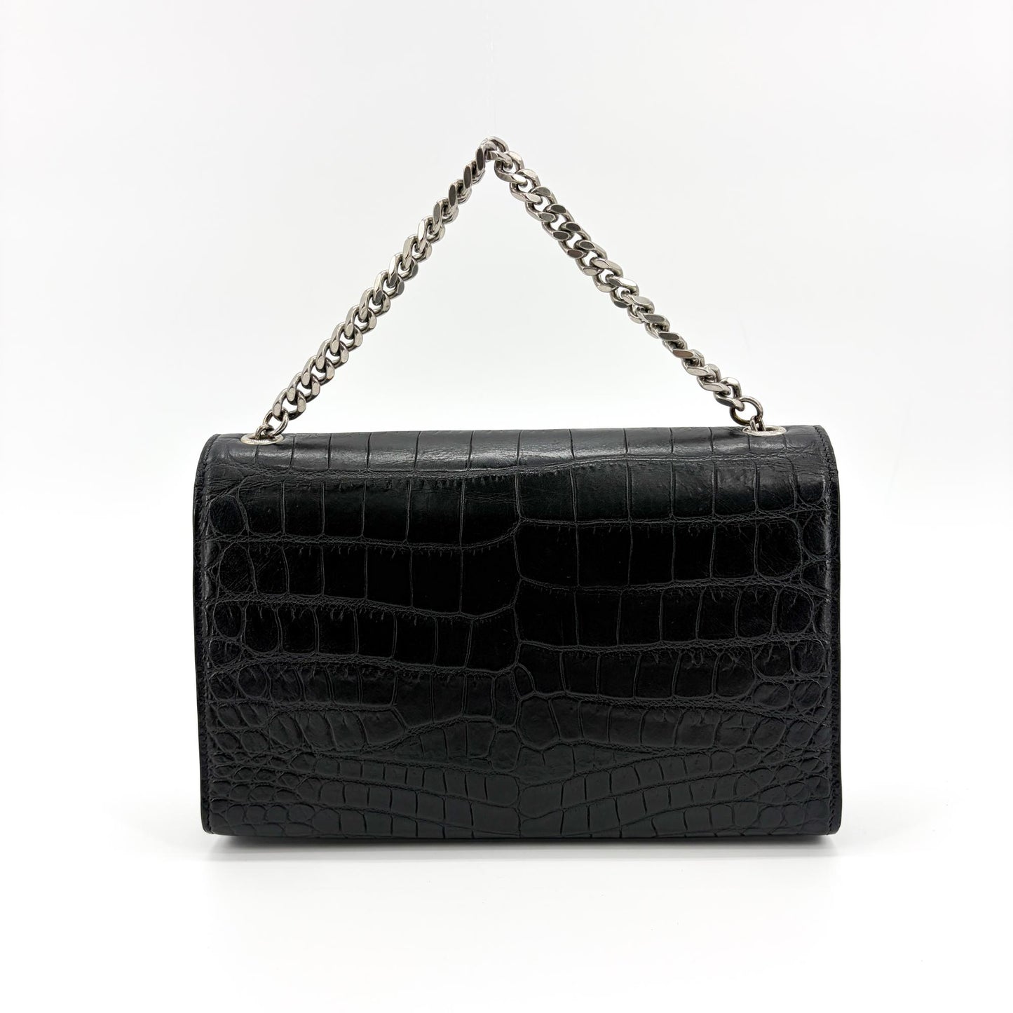 Saint Laurent Kate Medium Croc Embossed Shoulder Bag Black Silver Hardware
