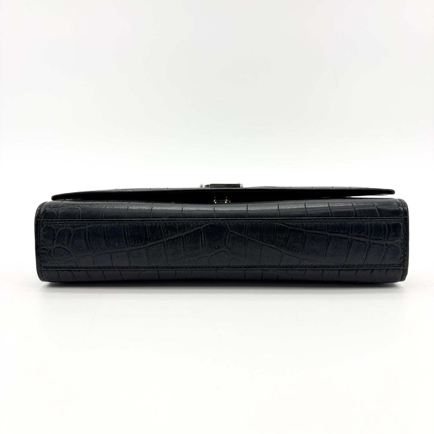 Saint Laurent Kate Medium Croc Embossed Shoulder Bag Black Silver Hardware