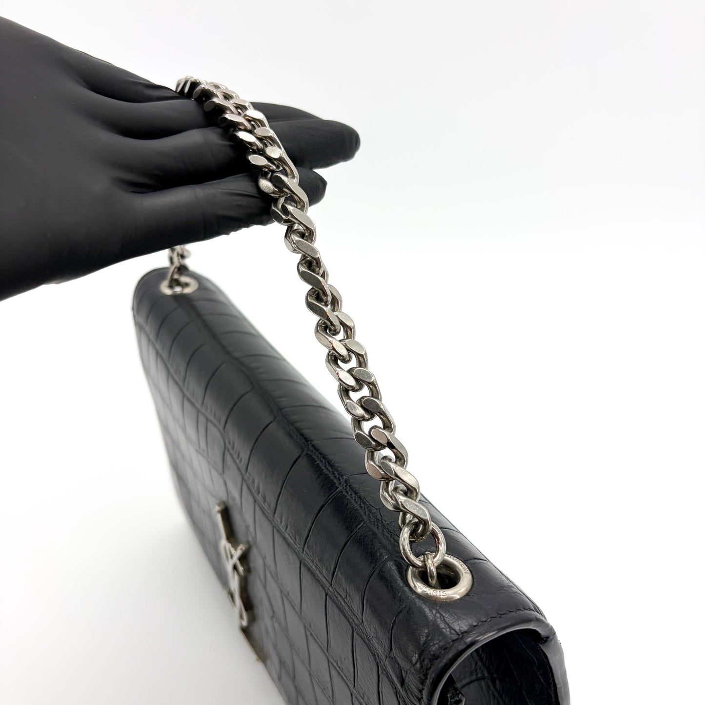 Saint Laurent Kate Medium Croc Embossed Shoulder Bag Black Silver Hardware