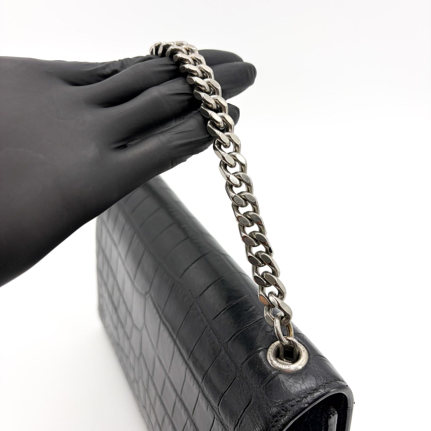 Saint Laurent Kate Medium Croc Embossed Shoulder Bag Black Silver Hardware