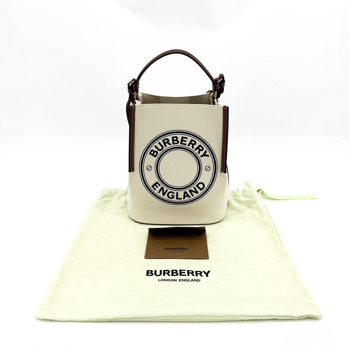 Burberry Small Logo Graphic Canvas Peggy Bucket Bag Natural Tan