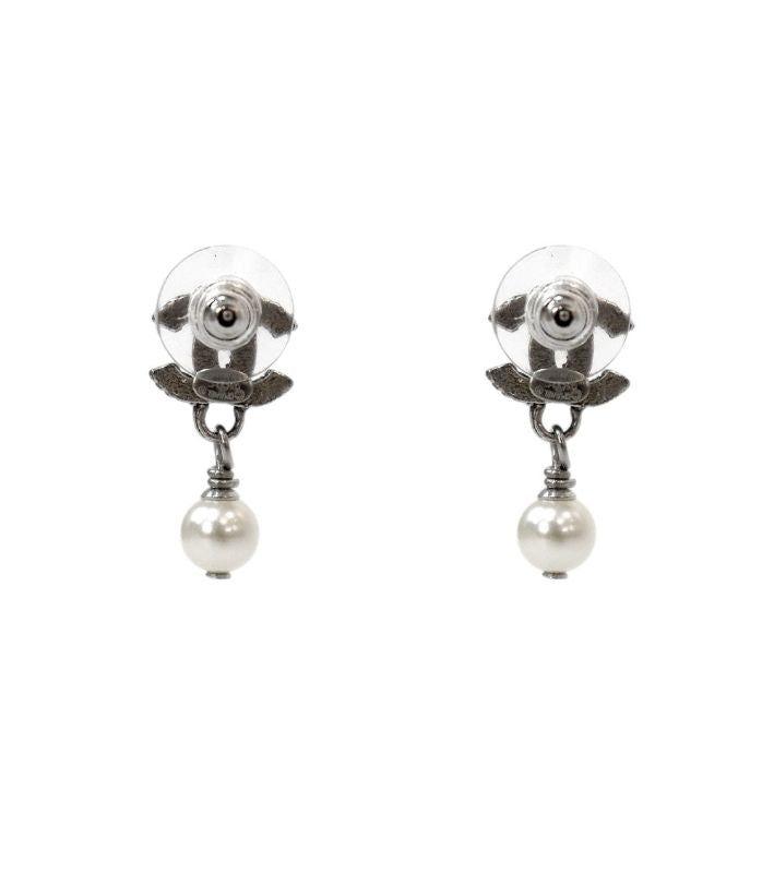 Chanel Pearl Drop Cubic CC Silver Earrings