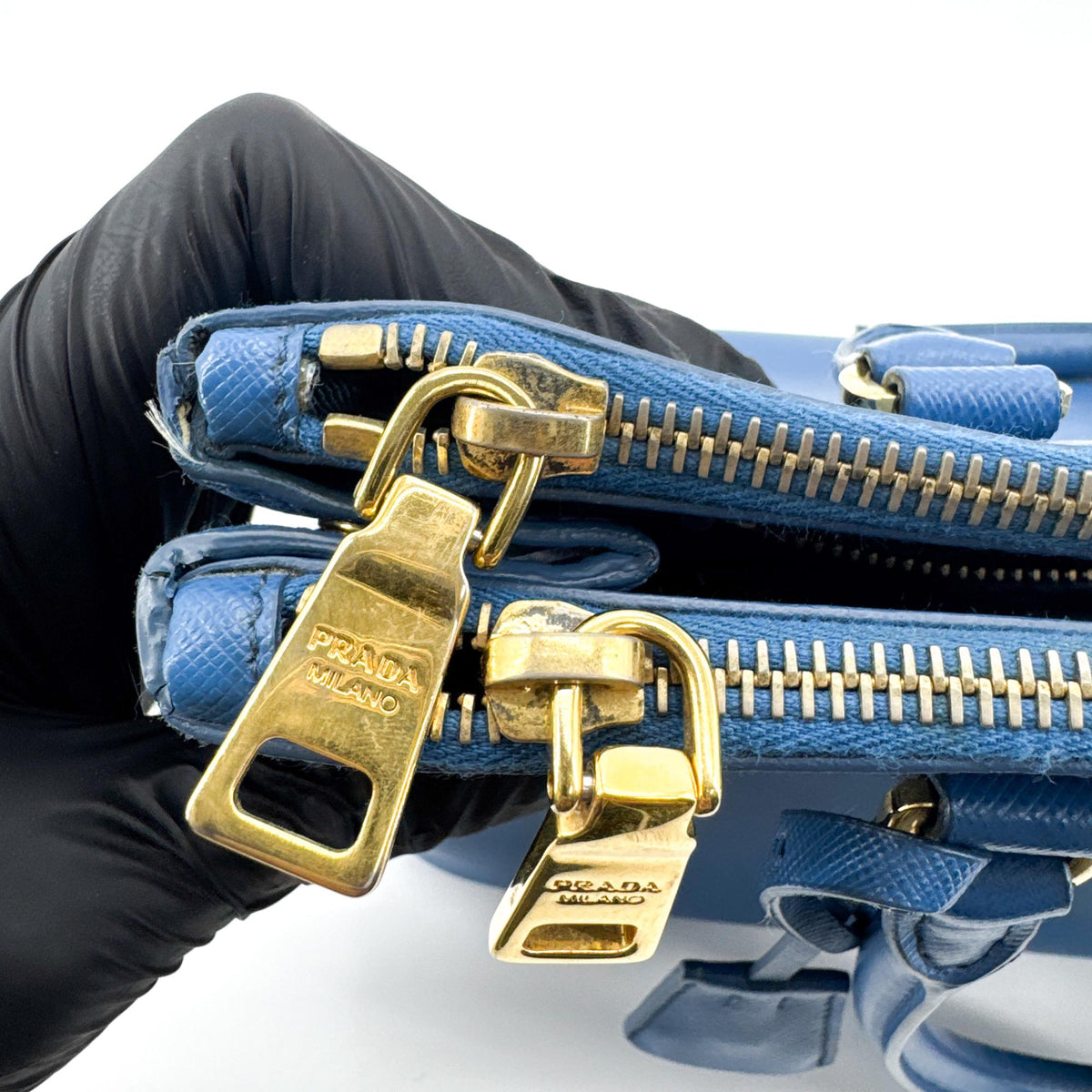 Prada Saffiano Luxe Tote Bag Blue Gold Hardware