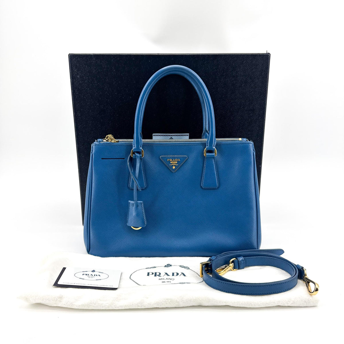 Prada Saffiano Luxe Tote Bag Blue Gold Hardware