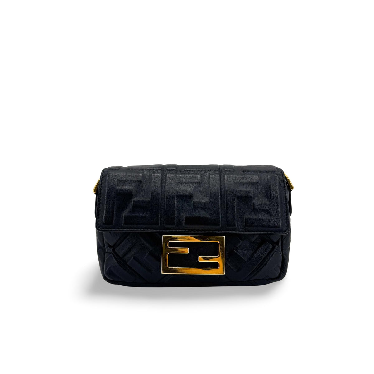 Fendi FF Embossed Baguette Mini Bag Black Gold Hardware