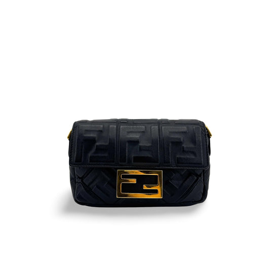 Fendi FF Embossed Baguette Mini Bag Black Gold Hardware