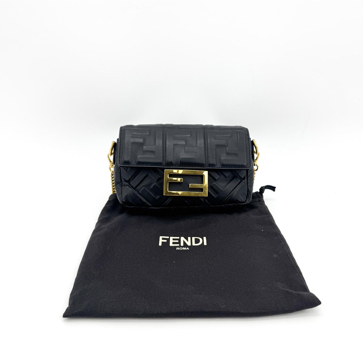 Fendi FF Embossed Baguette Mini Bag Black Gold Hardware