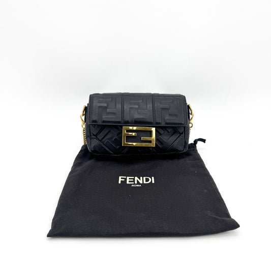 Fendi FF Embossed Baguette Mini Bag Black Gold Hardware