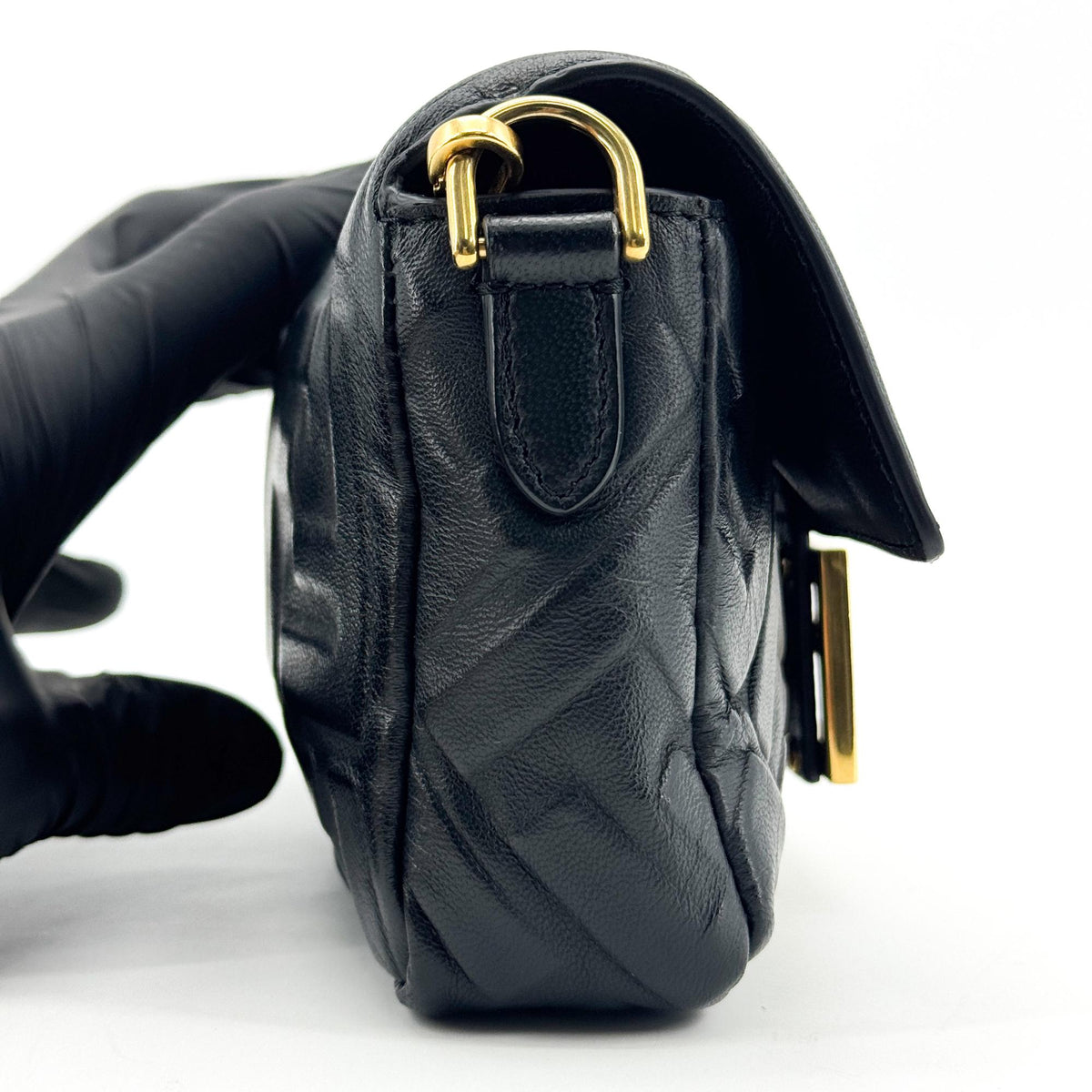 Fendi FF Embossed Baguette Mini Bag Black Gold Hardware