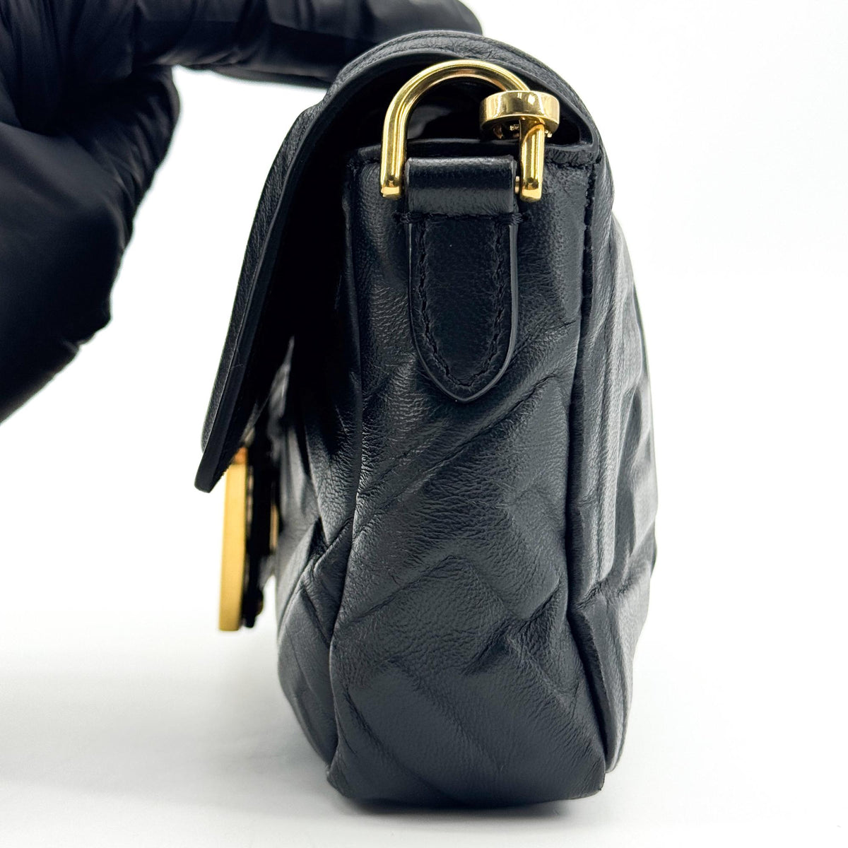 Fendi FF Embossed Baguette Mini Bag Black Gold Hardware