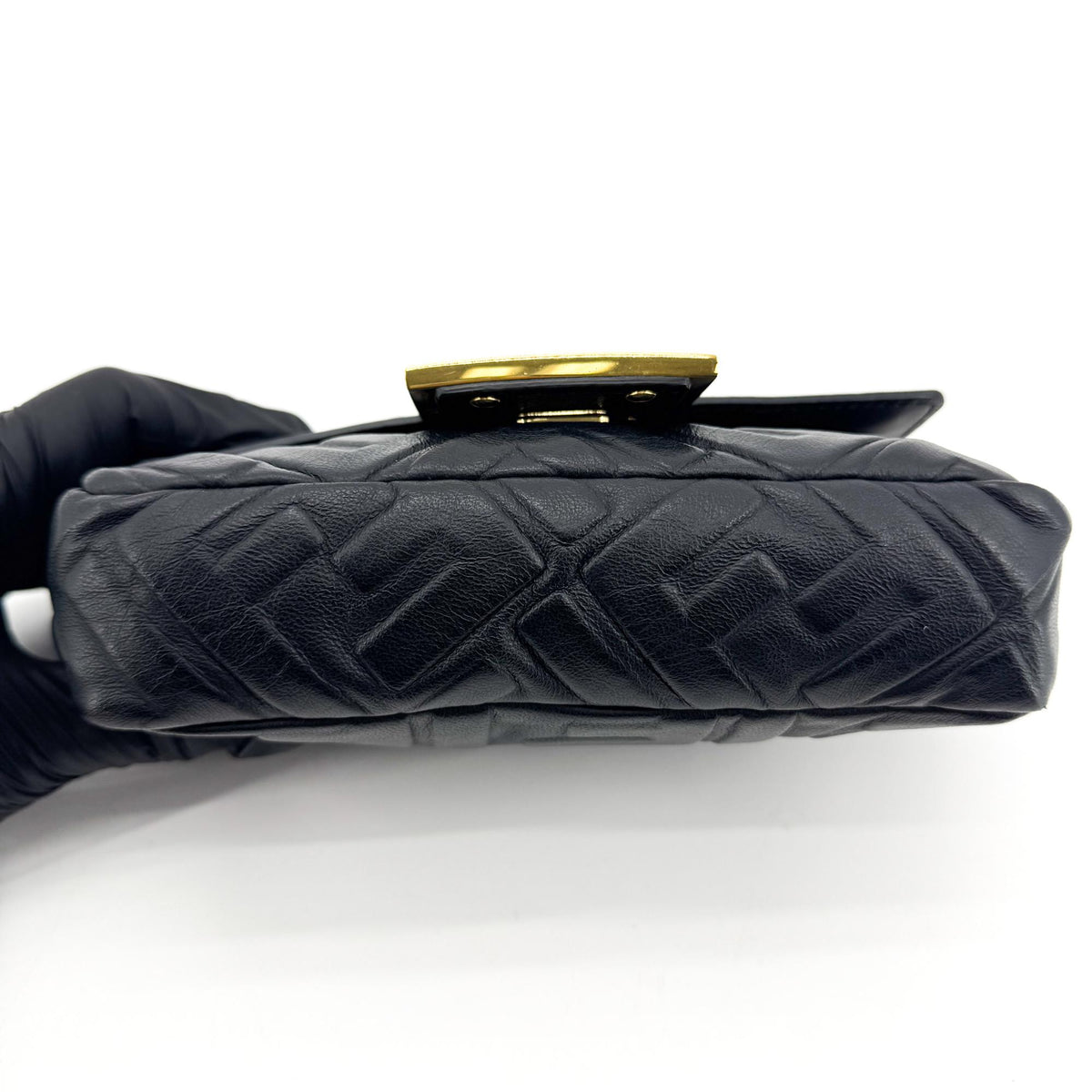 Fendi FF Embossed Baguette Mini Bag Black Gold Hardware