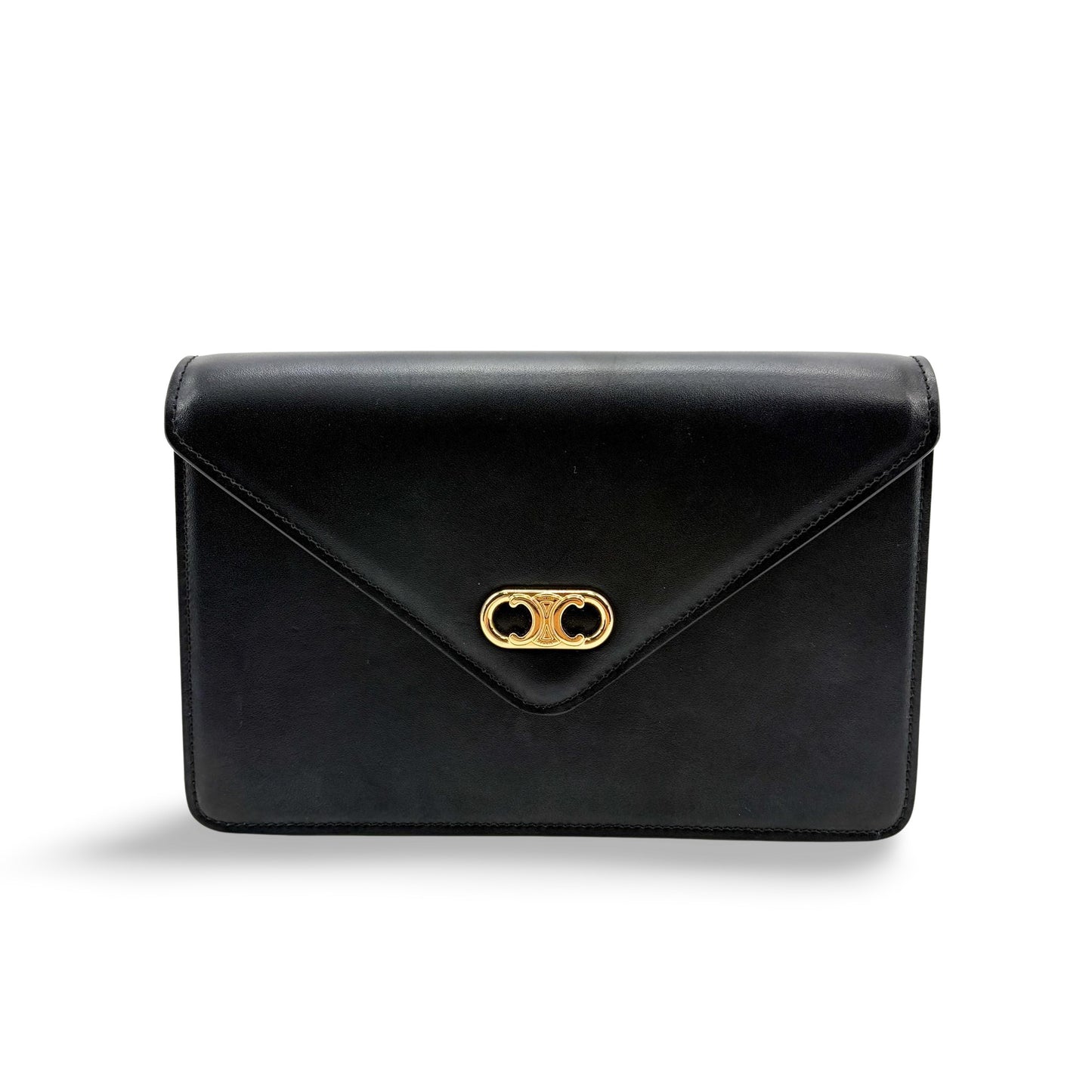 Celine Vintage Triomphe Leather Envelope Clutch Black