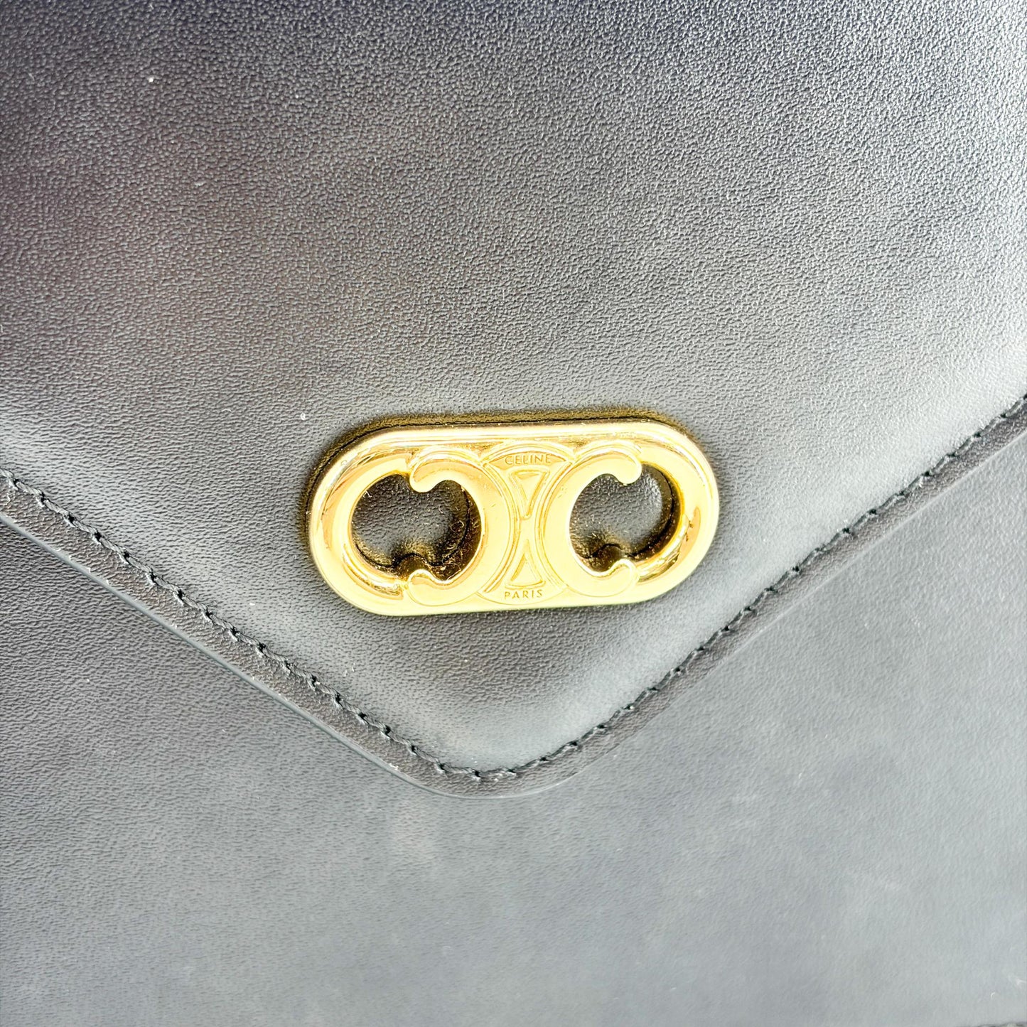 Celine Vintage Triomphe Leather Envelope Clutch Black