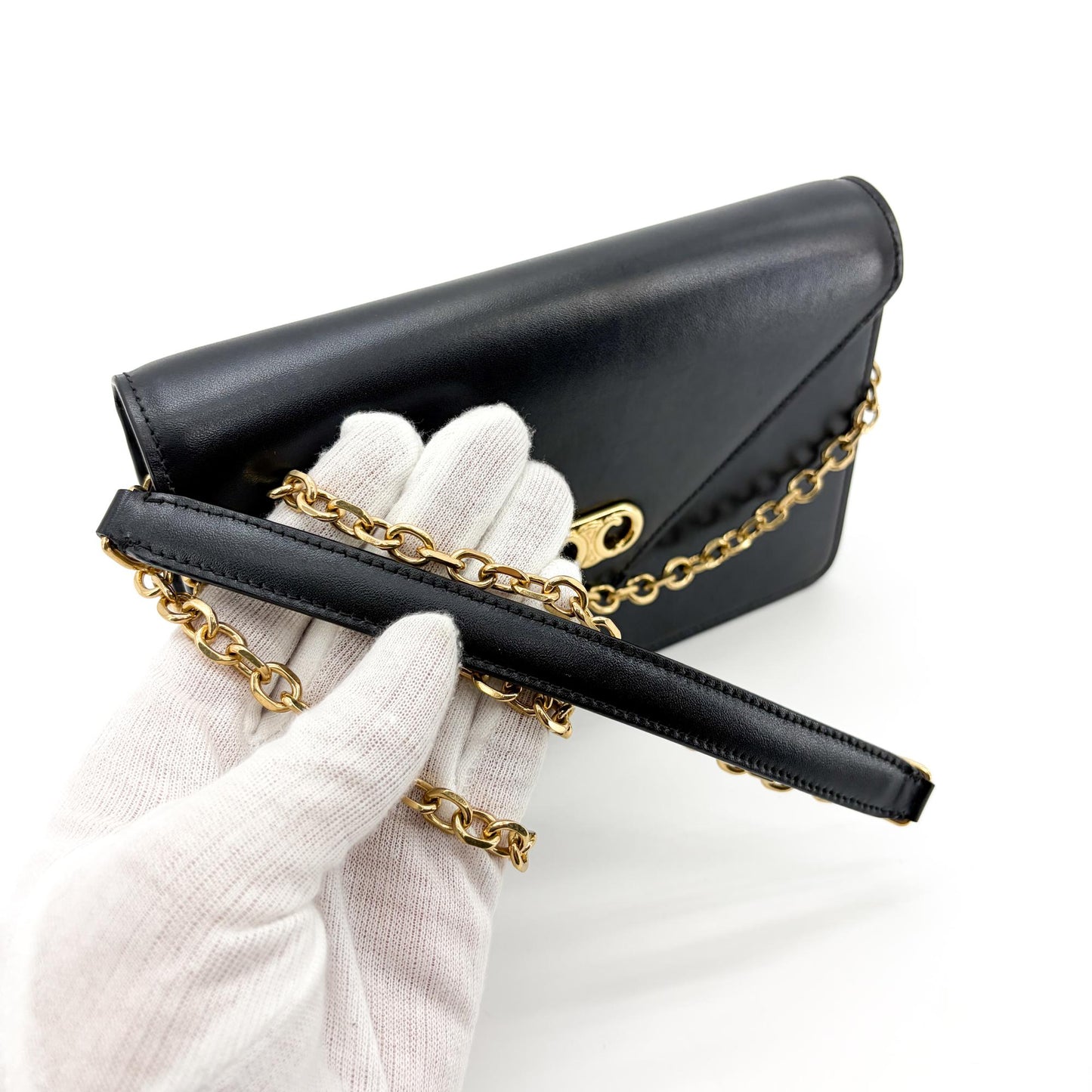 Celine Vintage Triomphe Leather Envelope Clutch Black