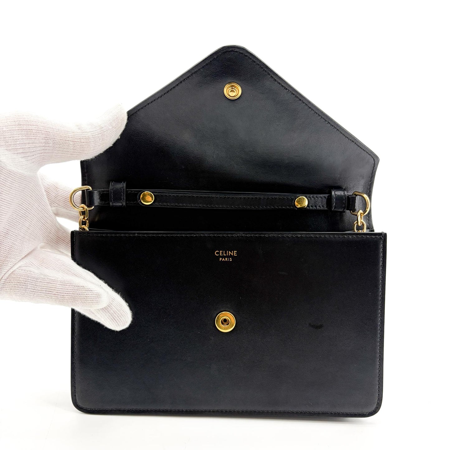 Celine Vintage Triomphe Leather Envelope Clutch Black