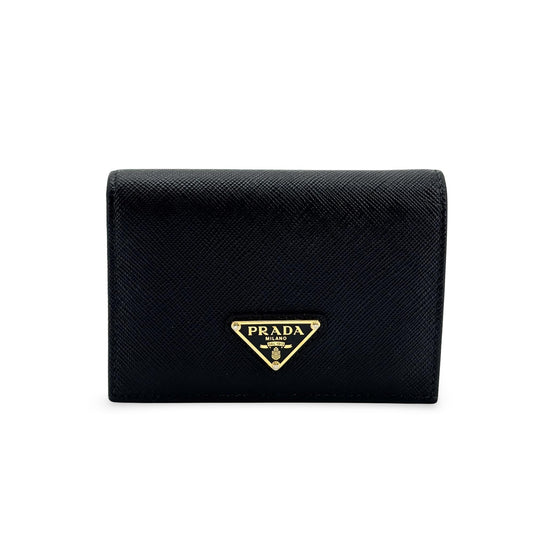 Prada Saffiano Triangle Logo Foldable Wallet Black Gold Hardware
