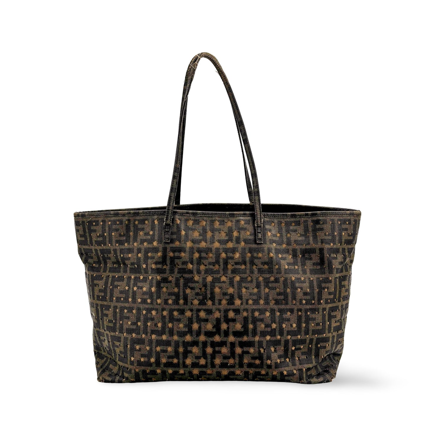 Fendi Star Zucca Perforated Canvas Shoulder Tote Bag Brown Black