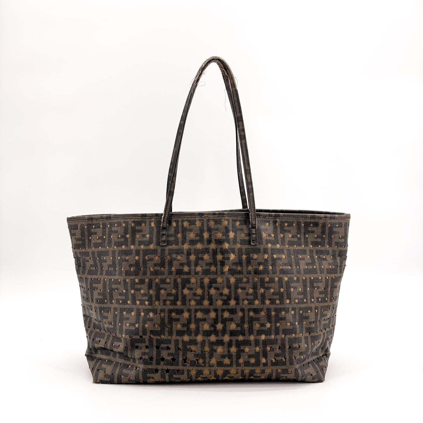 Fendi Star Zucca Perforated Canvas Shoulder Tote Bag Brown Black