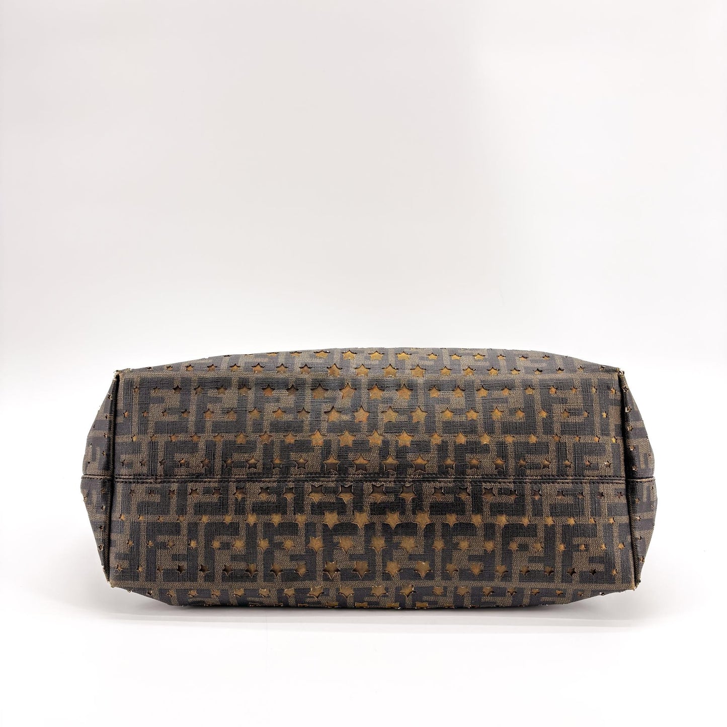 Fendi Star Zucca Perforated Canvas Shoulder Tote Bag Brown Black