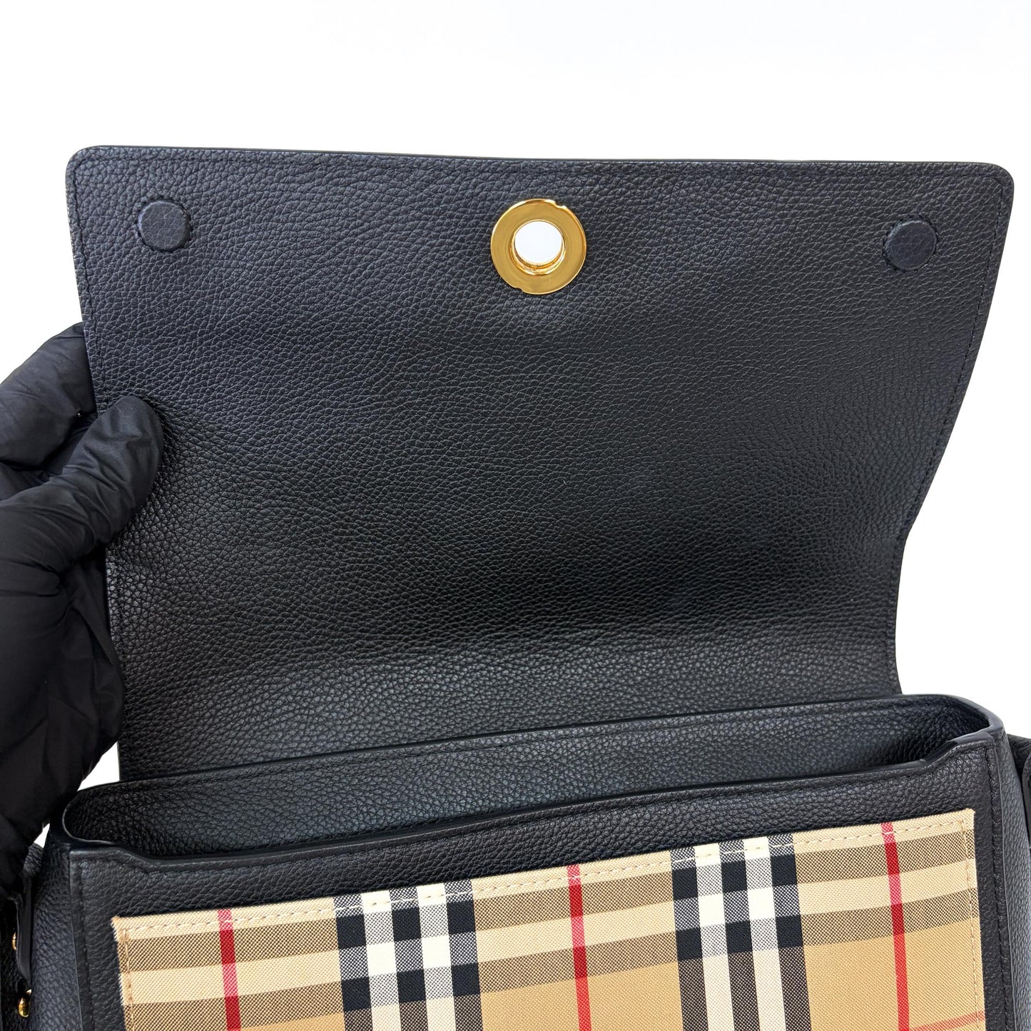 Burberry Grainy Leather and Vintage Check Note Bag Black