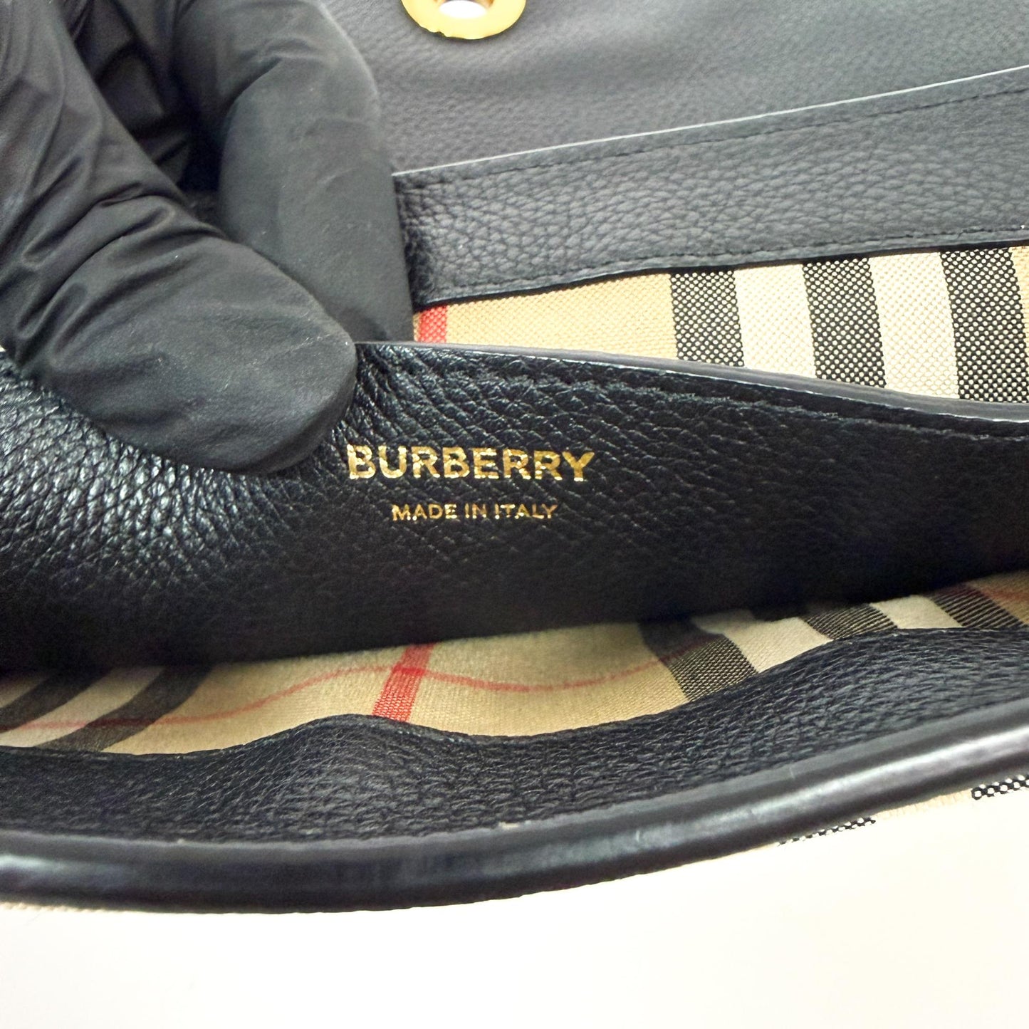 Burberry Grainy Leather and Vintage Check Note Bag Black