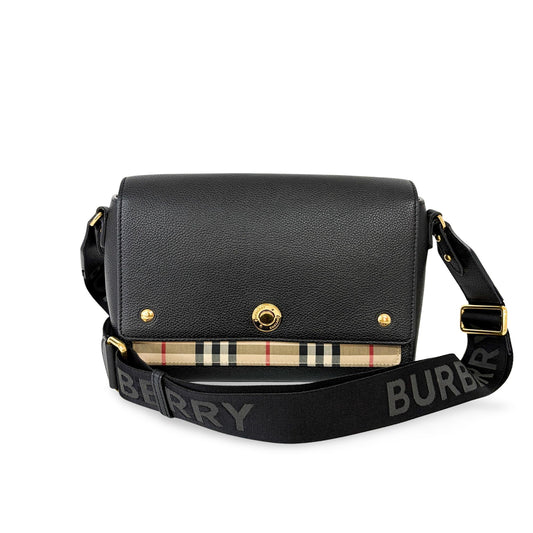Burberry Grainy Leather and Vintage Check Note Bag Black