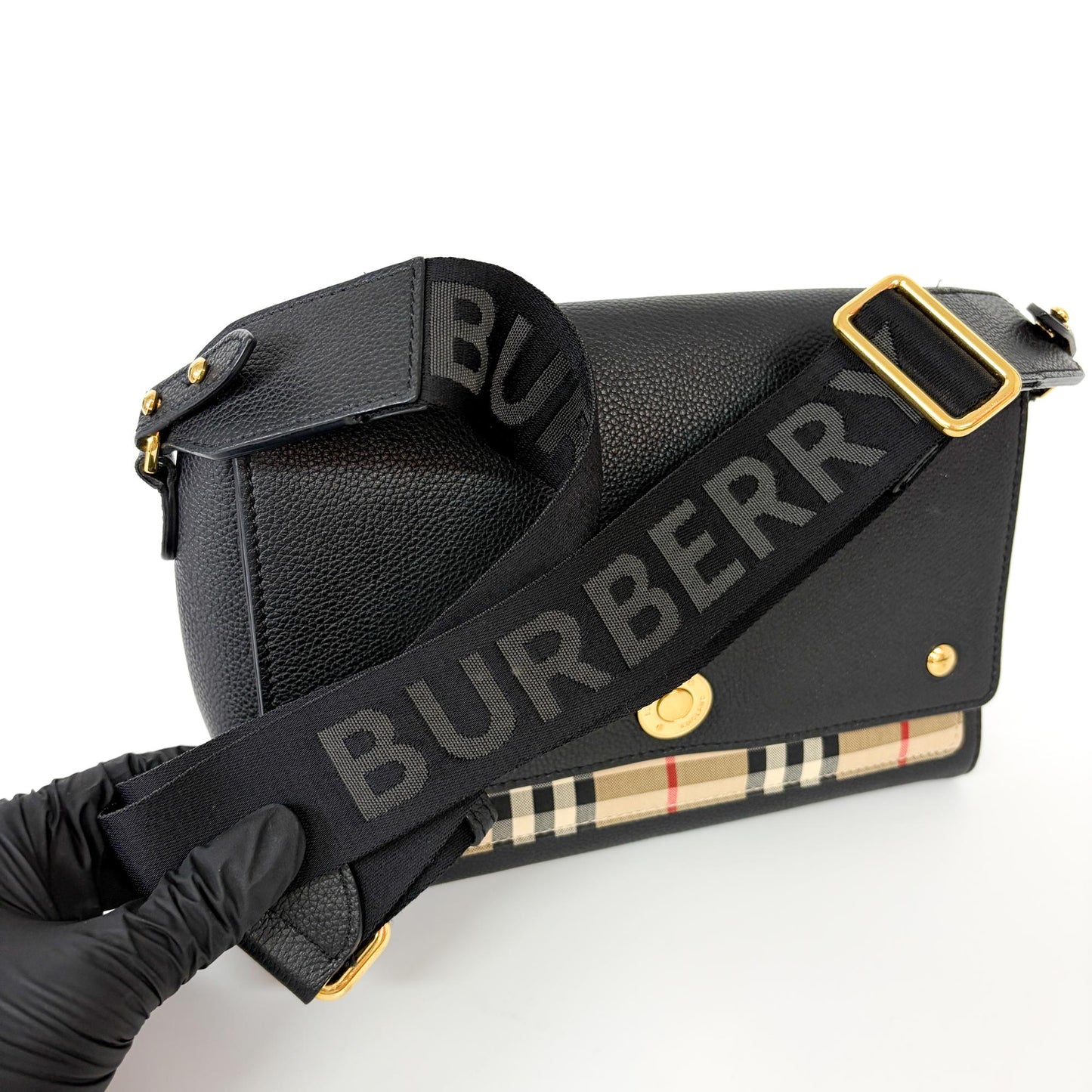 Burberry Grainy Leather and Vintage Check Note Bag Black