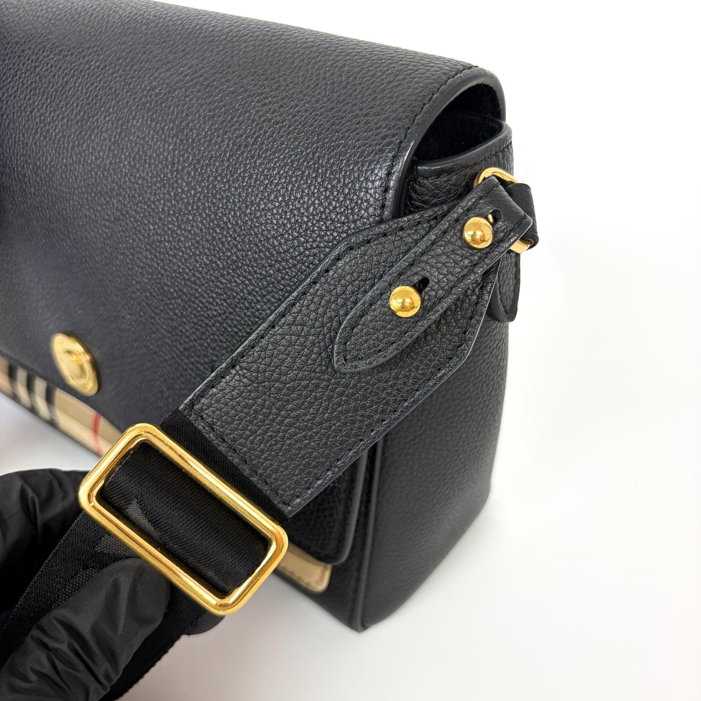 Burberry Grainy Leather and Vintage Check Note Bag Black