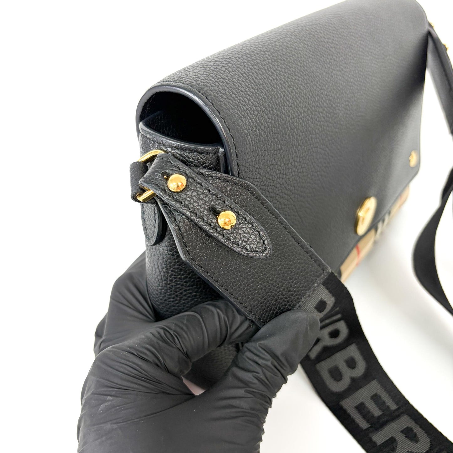 Burberry Grainy Leather and Vintage Check Note Bag Black