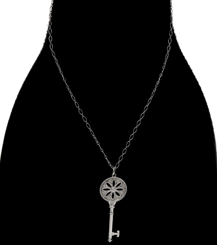 Tiffany 925 Sterling Silver Diamond Key Pendant Necklace
