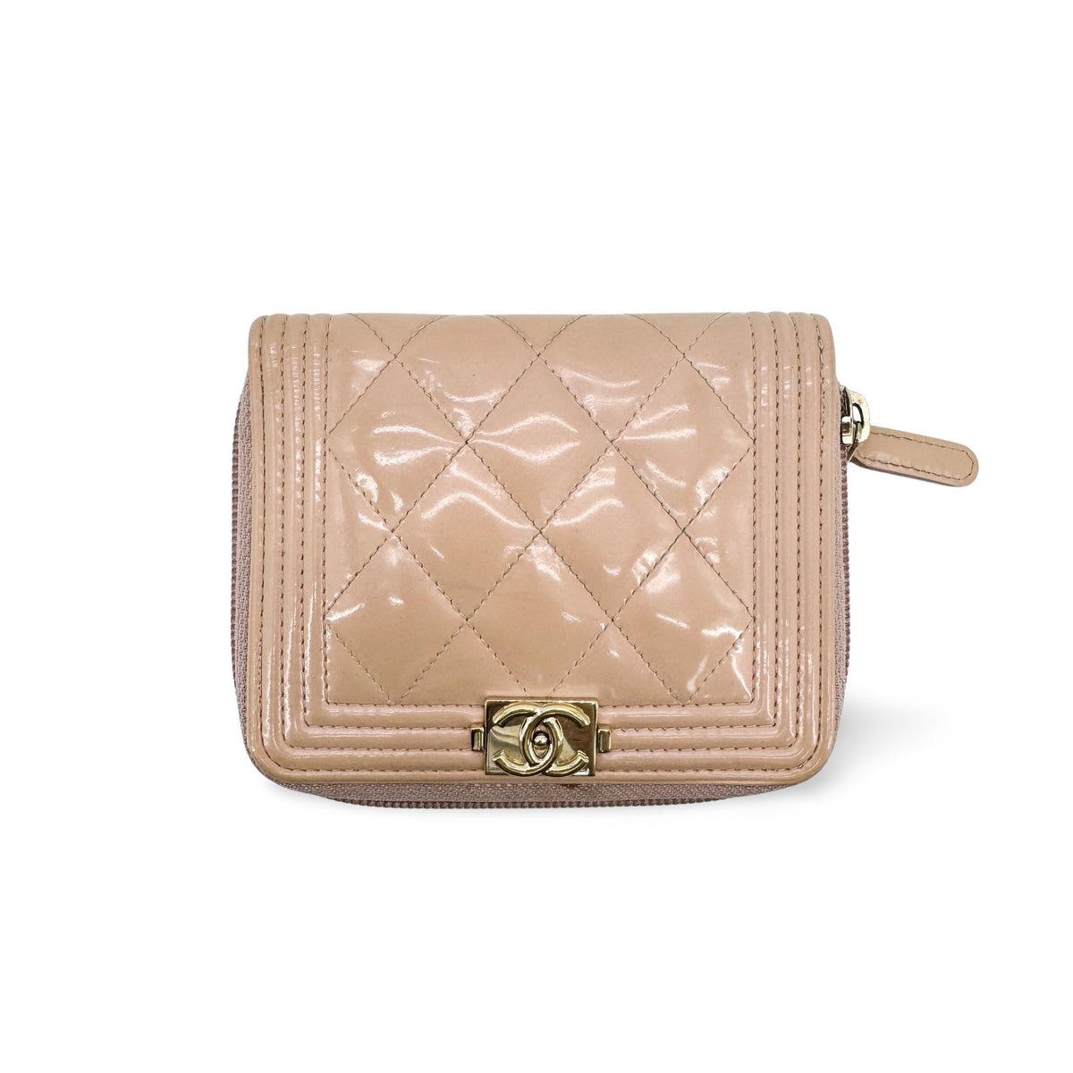 Chanel Boy Chanel Patent Zipper Wallet Beige Gold Hardware
